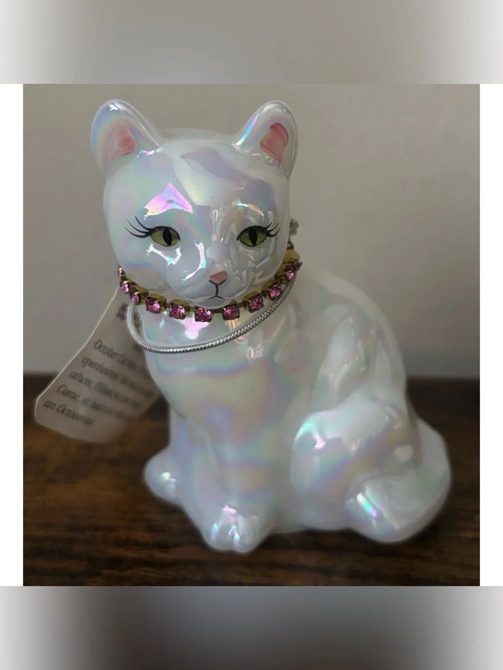 Vintage Fenton Opal Iridescent October Cat ~ Rose Zircon - UV Glow - Marked